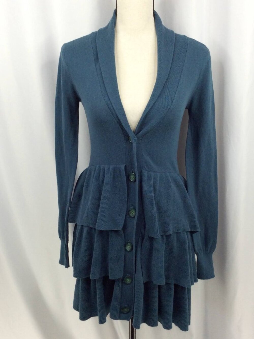 Anthroplogie MOTH Tiered Ruffle Cardigan Sweater Size Small Cotton Cashmere Teal